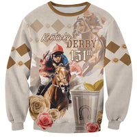 Beige sweatshirt with horse-racing graphic and roses, 'Kentucky DERBY 151st' print