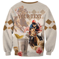 Beige sweatshirt back with horse-racing graphic, roses, and 'YOUR TEXT' lettering