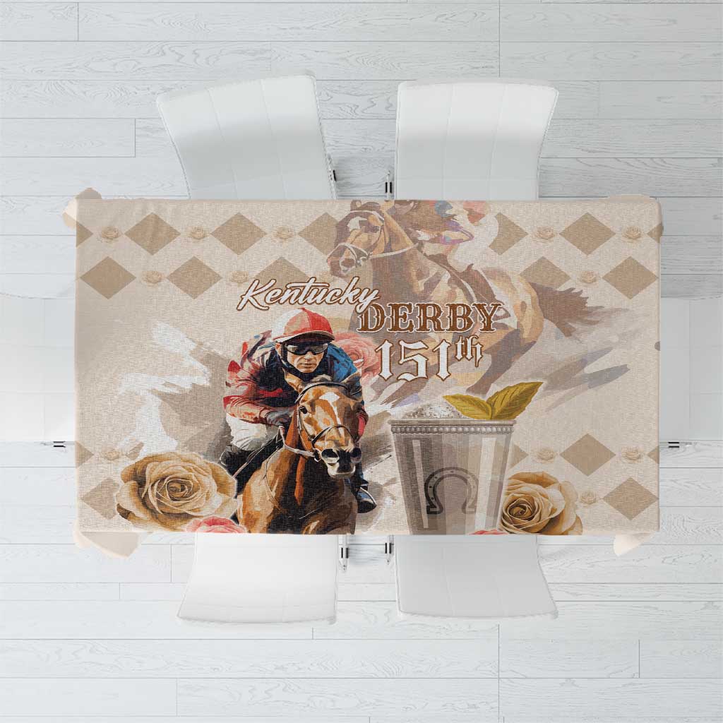 Beige tablecloth featuring a Kentucky Derby 151st graphic with diamond background.