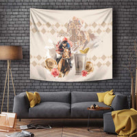 Beige wall-hanging tapestry with jockey and horse, roses, and Kentucky Derby 151st text