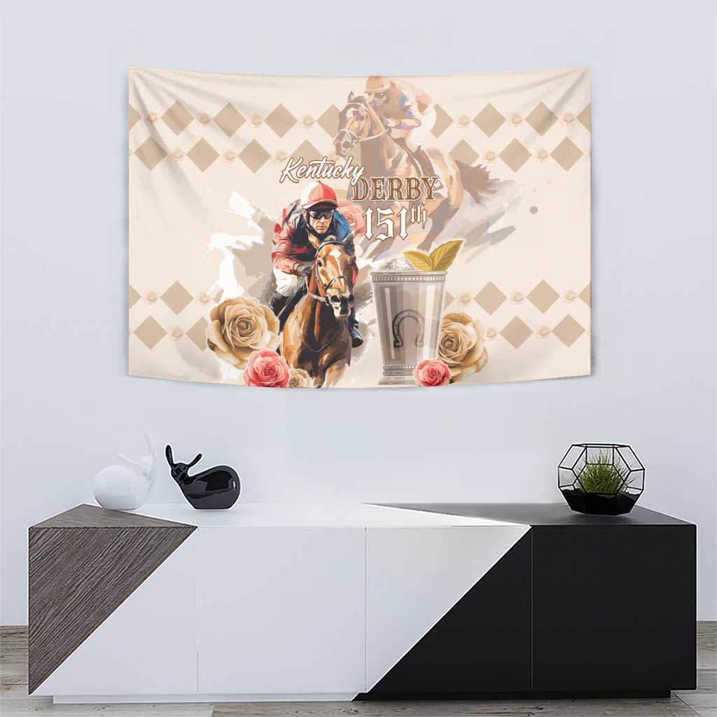 Beige Kentucky Derby 151st tapestry with jockey rider, trophy, and rose floral accents
