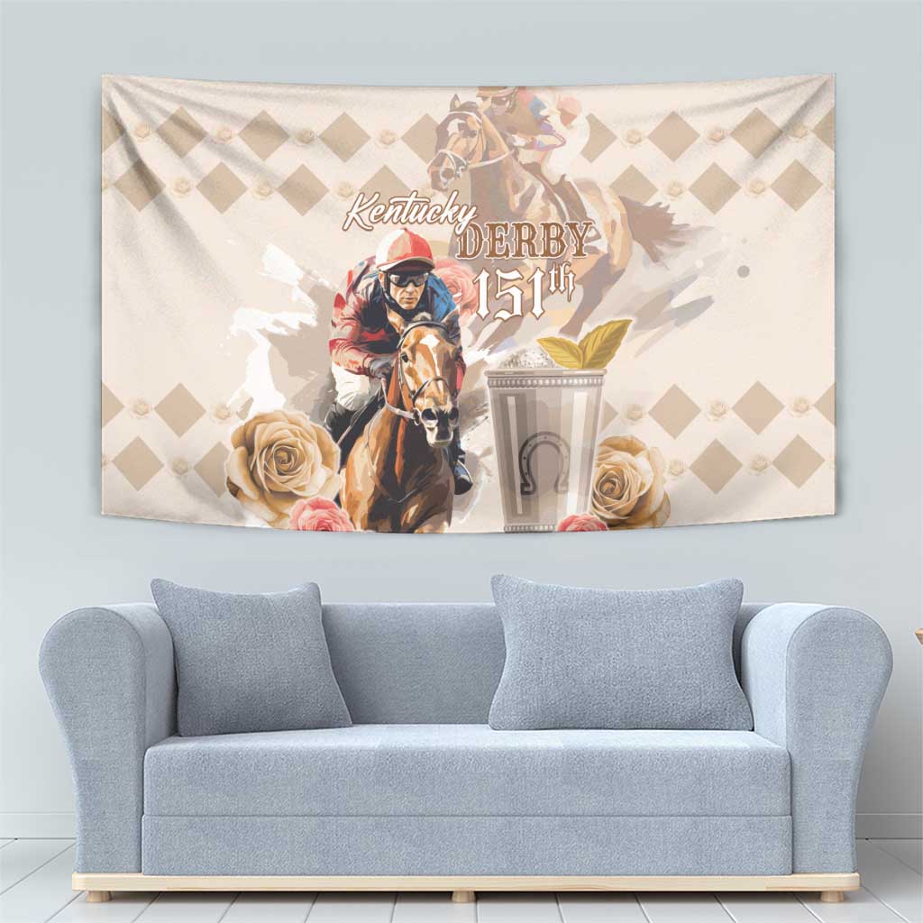Beige wall tapestry with Kentucky Derby 151st text, jockey on horse, and roses