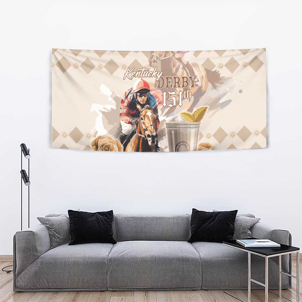 Beige horizontal tapestry with jockey, horse, trophy, and roses; Kentucky Derby 151st