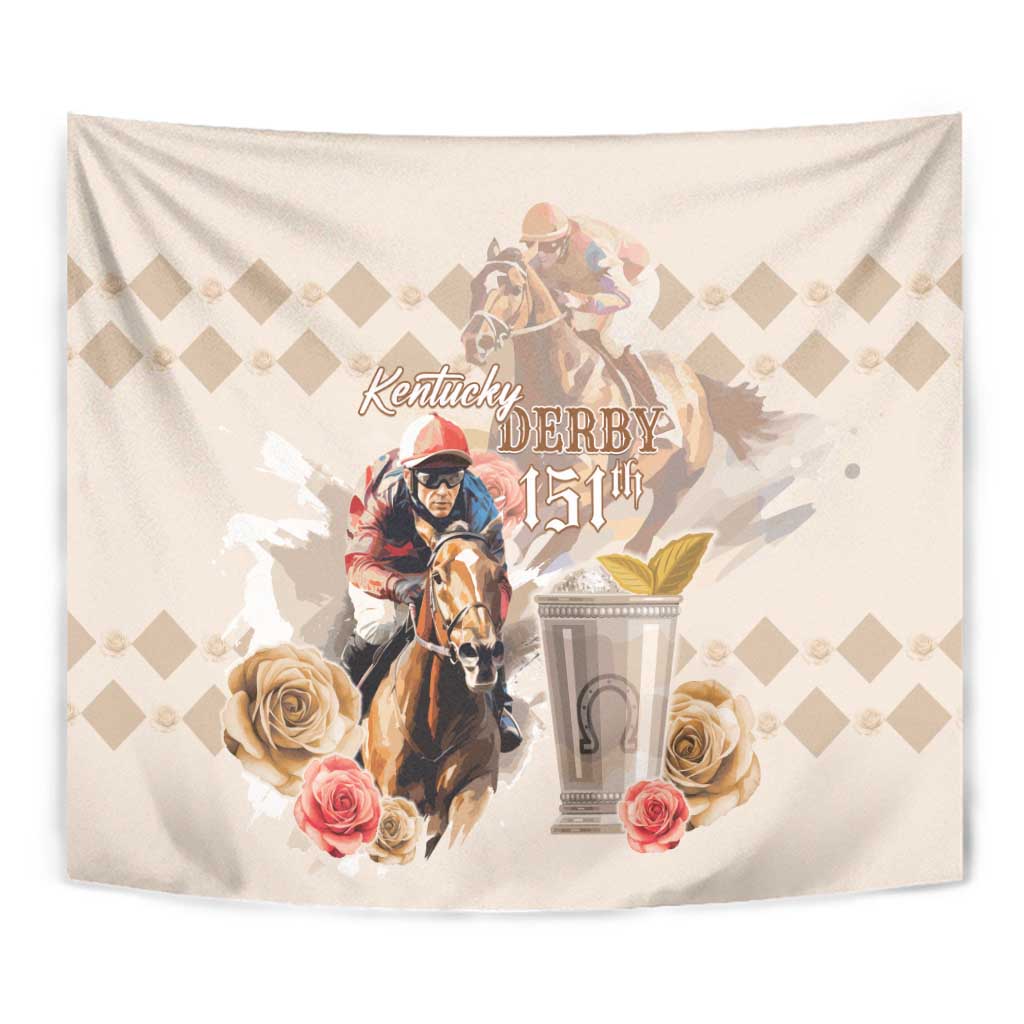 Beige Kentucky Derby 151st horse race tapestry with jockeys, flowers, and trophy graphic