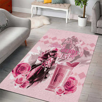 Pink Kentucky derby-style area rug featuring horse rider graphic, roses, and mint-julep pink pattern.