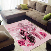Pink horse racing anniversary area rug with central derby text, horse and roses motif.