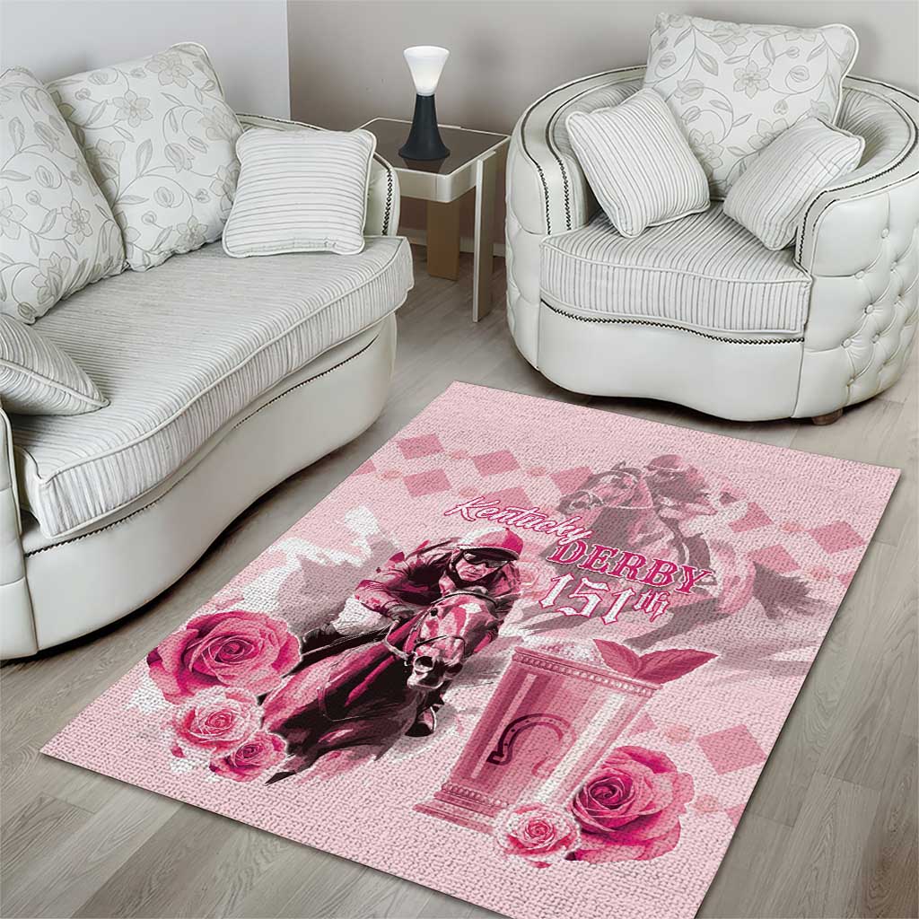 Pink derby 151st anniversary area rug with horse graphic, roses, and gate design.