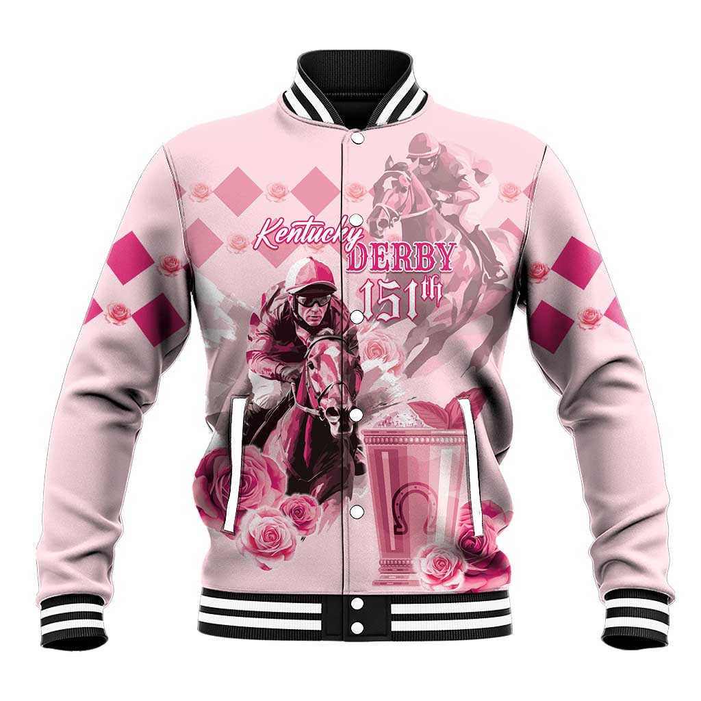 Pink satin baseball jacket with horse rider front graphic, striped ribbed collar and cuffs