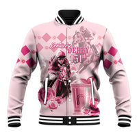 Pink satin baseball jacket with horse rider front graphic, striped ribbed collar and cuffs