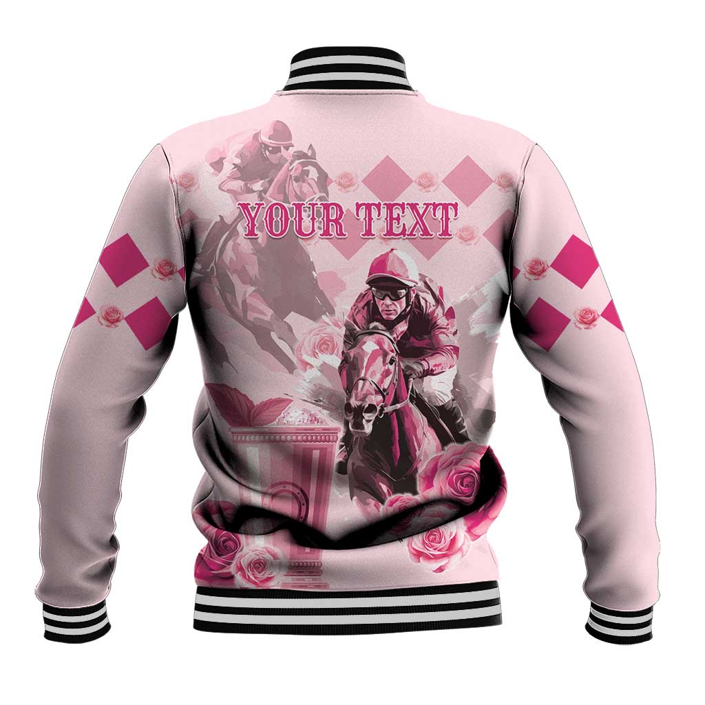 Pink baseball jacket back with horse rider graphic and 'YOUR TEXT', striped ribbed hem