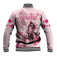 Pink baseball jacket back with horse rider graphic and 'YOUR TEXT', striped ribbed hem