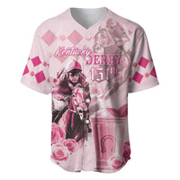 Pink baseball jersey with horse rider graphic and Derby 151st print