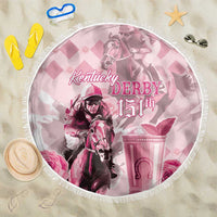 Round pink Kentucky Derby 151st beach blanket with horse rider graphic and white fringe
