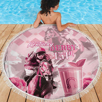 Round pink Kentucky Derby 151st beach blanket featuring horse rider portrait and cup illustration