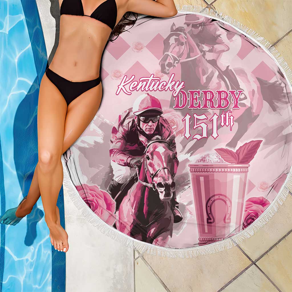 Round pink Kentucky Derby 151st beach blanket with horse rider graphic and cup art, fringe