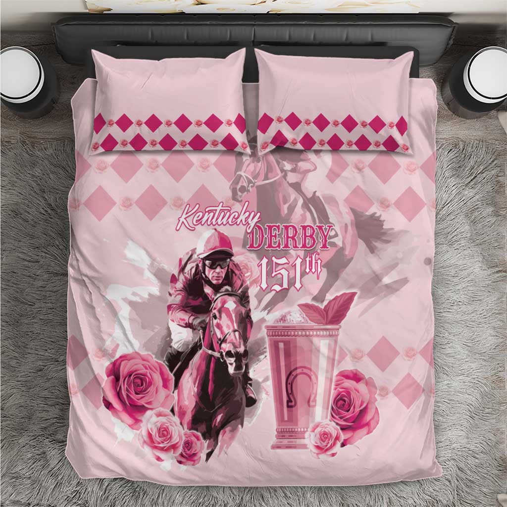 Pink horse race duvet with two pillow shams, rider-and-horse graphic centerpiece