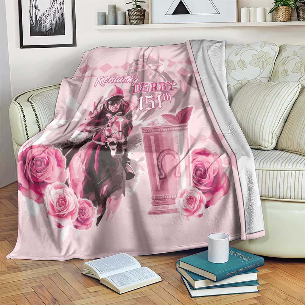 Pink Kentucky Derby 151st blanket draped with horse rider, roses, and decorative emblem