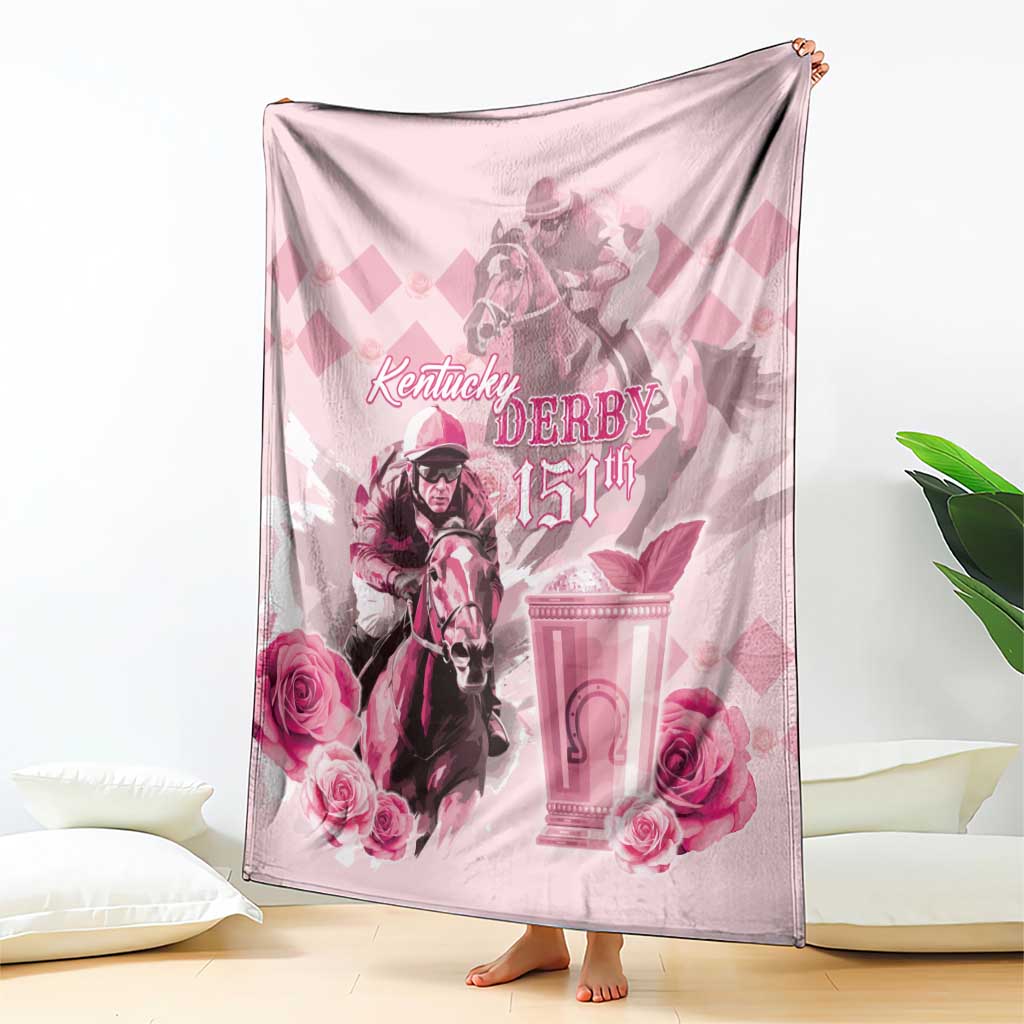 Pink horse racing blanket with Kentucky Derby 151st graphic, roses, and monument illustration