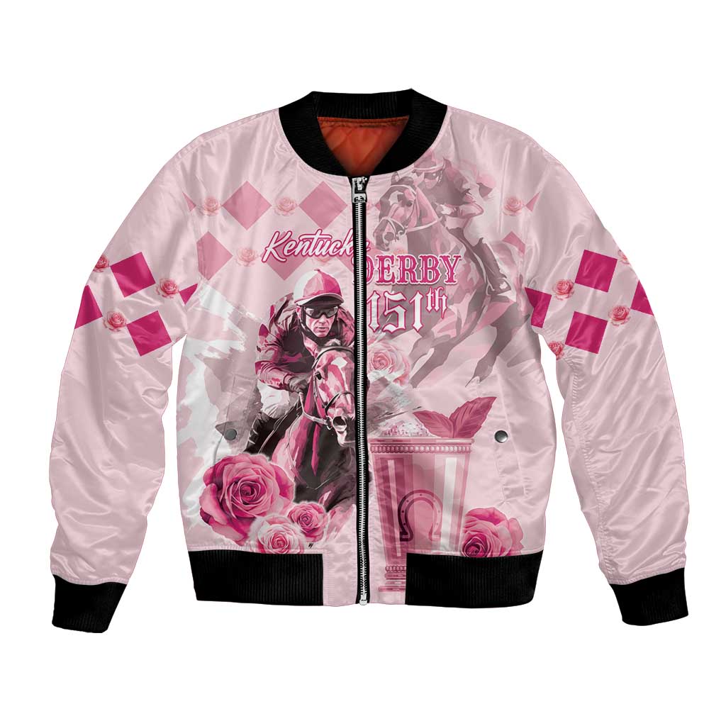 Pink bomber jacket with black ribbed cuffs, front zip, Kentucky Derby 151st graphic