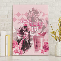 Pink horse-racing canvas wall art with jockey on horse, “Kentucky Derby 151st,” roses.