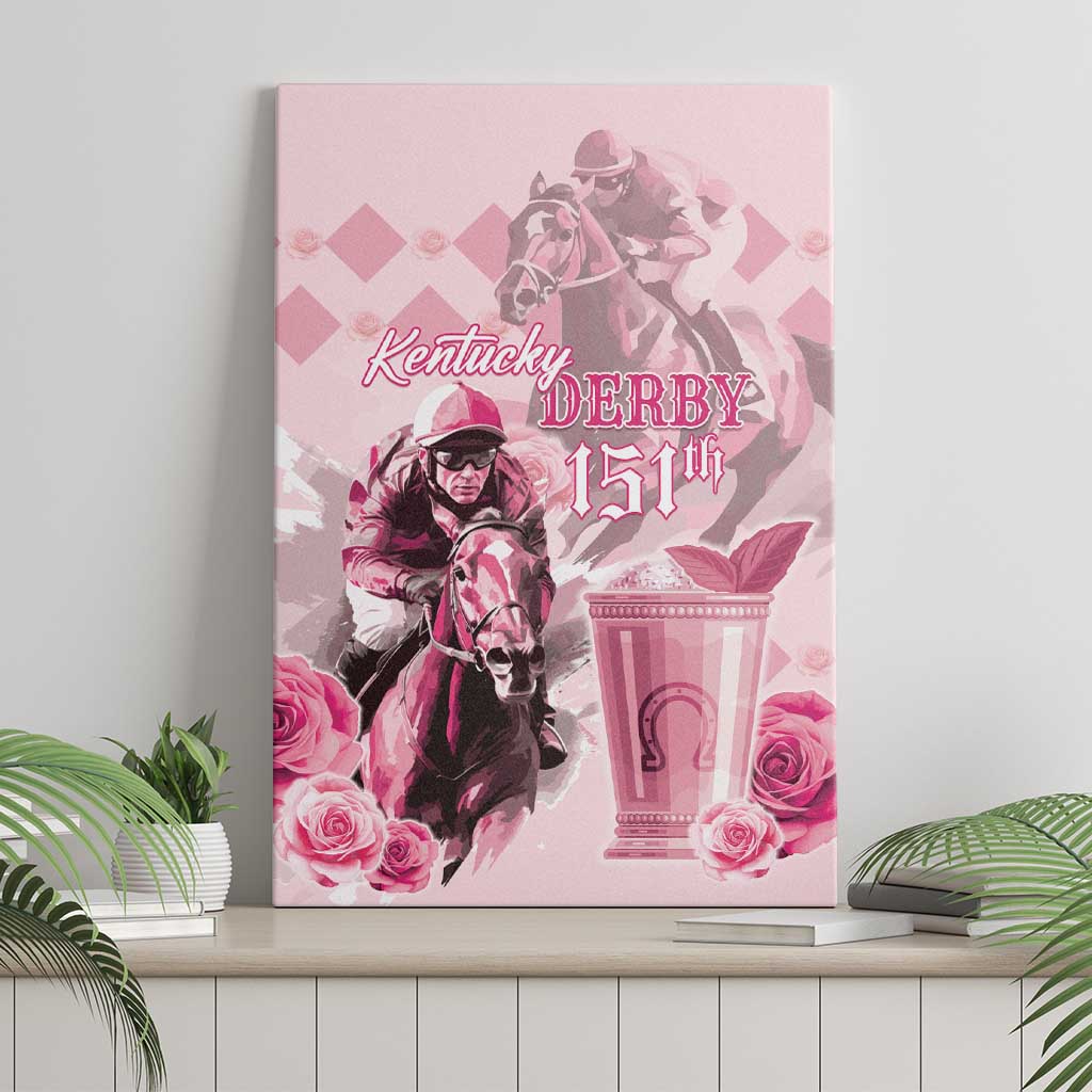 Pink horse-racing canvas wall art with jockeys, “Kentucky Derby 151st” text, roses.