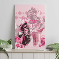 Pink horse-racing canvas wall art with jockeys, “Kentucky Derby 151st” text, roses.