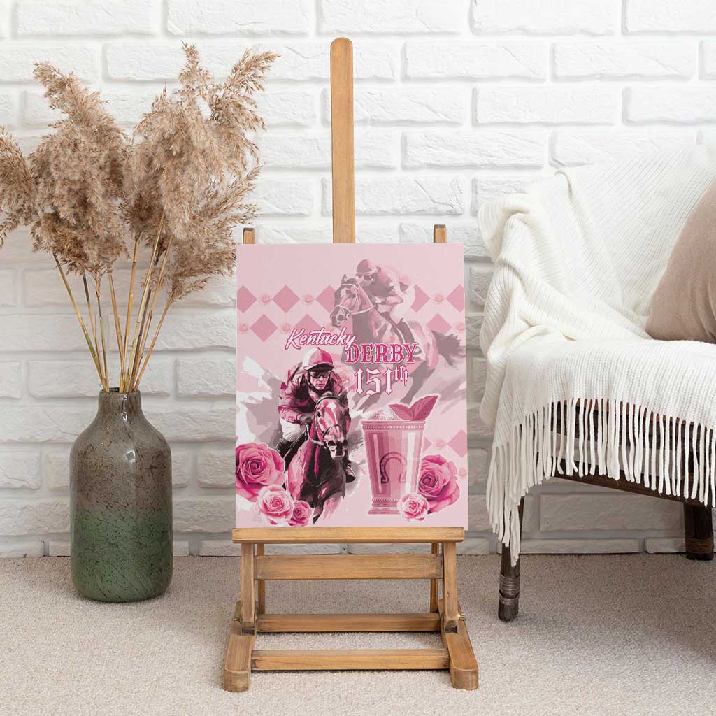 Pink horse-racing canvas wall art on wooden easel, jockey and roses, “Kentucky Derby 151st.”