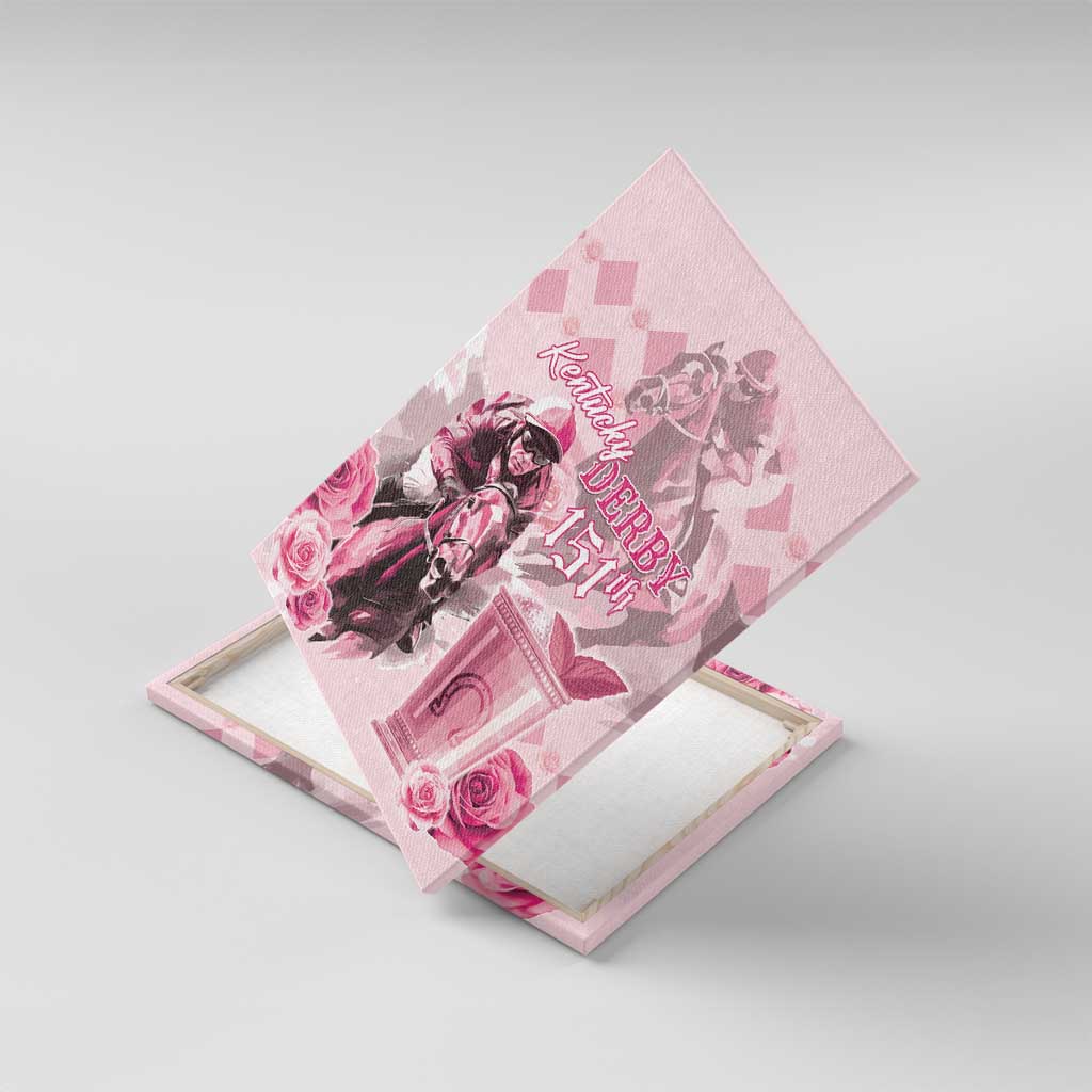 Pink canvas wall art angled on pale surface, jockeys and “Kentucky Derby 151st” text.