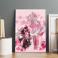 Pink canvas wall art with jockey on horse, “Kentucky Derby 151st,” floral roses accents.