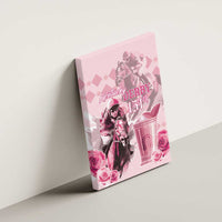 Pink canvas wall art on wall in angled view, jockey illustration with “Kentucky Derby 151st.”