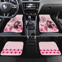 Pink car floor mats with horse-and-roses graphic and pink checkered pattern