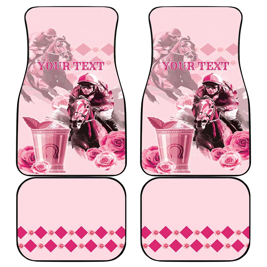 Pink car mat set of four with horse-and-roses art, diamond pattern, and 'YOUR TEXT'