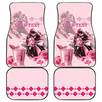 Pink car mat set of four with horse-and-roses art, diamond pattern, and 'YOUR TEXT'