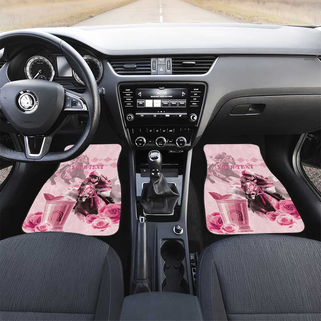 Pink front car floor mats with horse-and-roses artwork and checkered band