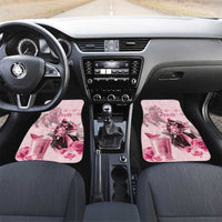 Pink front car floor mats with horse-and-roses artwork and checkered band