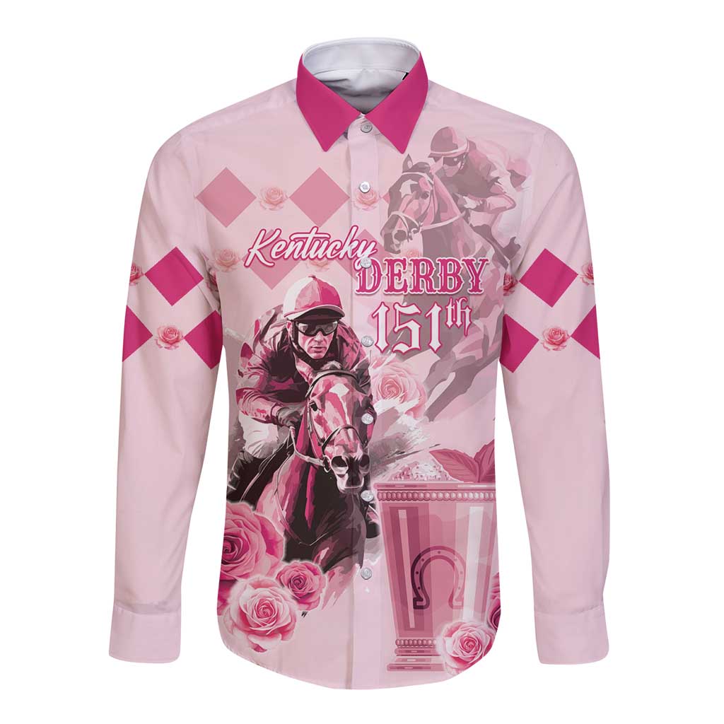 Pink long-sleeve button shirt with magenta collar, horse-racing graphic front