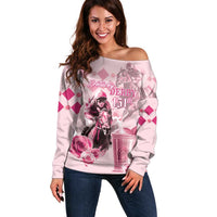 Pink off-shoulder sweater with horse-racing graphic and roses, 151st print