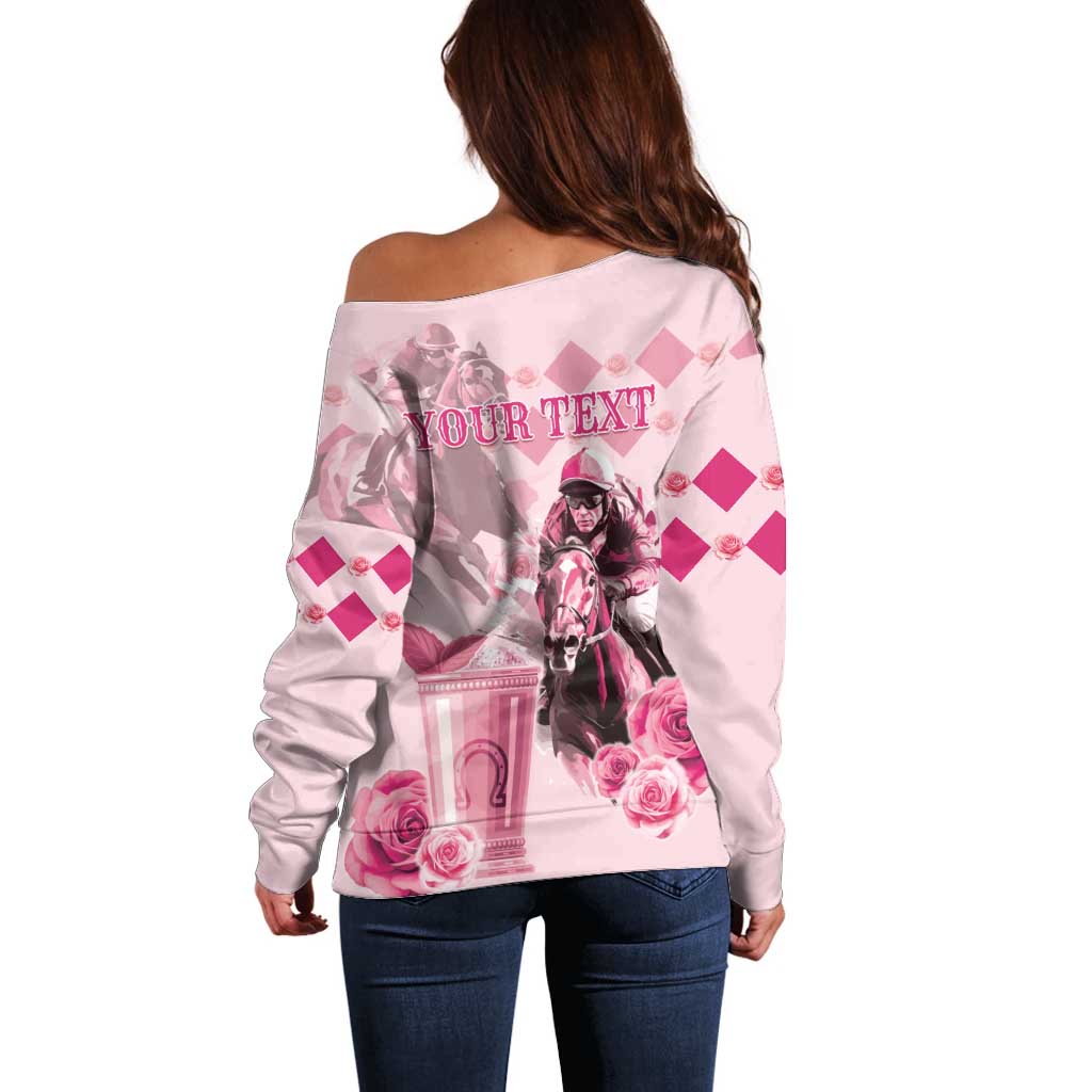 Pink off-shoulder sweater with back 'YOUR TEXT' and horse graphic