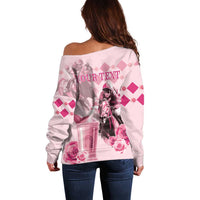 Pink off-shoulder sweater with back 'YOUR TEXT' and horse graphic