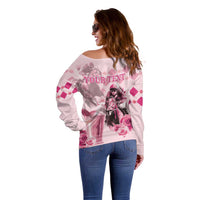 Pink off-shoulder sweater back view with 'YOUR TEXT' over roses and horse