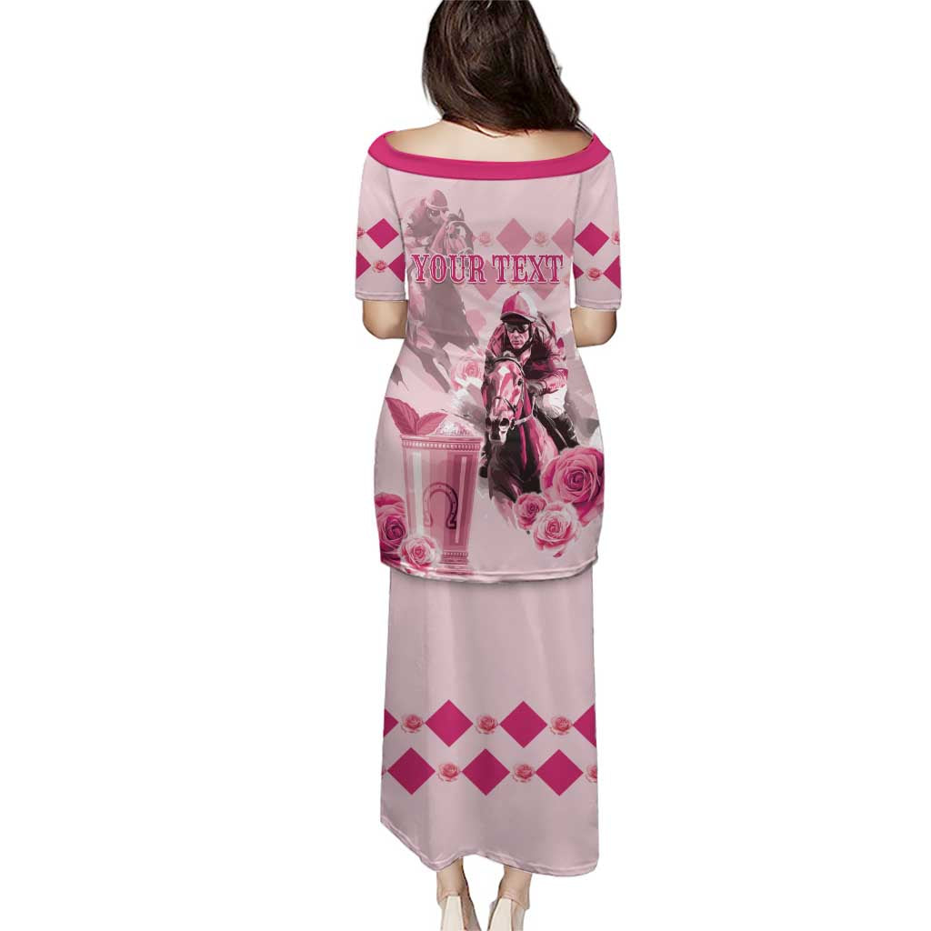 Pink two-piece set, back view, with 'YOUR TEXT' and horse racing rose design
