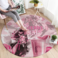 Pink round carpet with Kentucky Derby 151st horse rider graphic and branding text