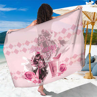 Pink horse-racing sarong with roses and 151st anniversary graphic, draped over shoulders