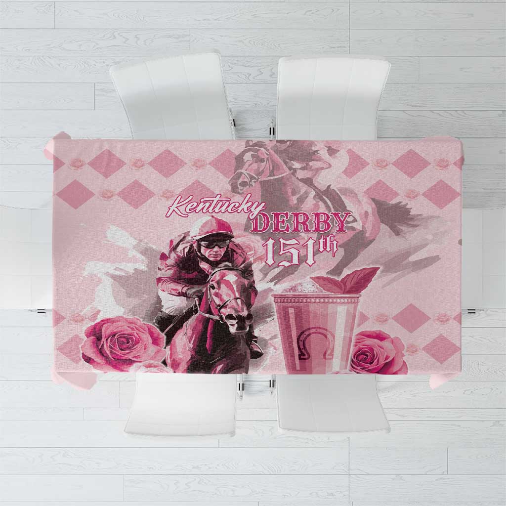 Pink tablecloth with Kentucky Derby 151st print, horse rider, roses and diamond pattern