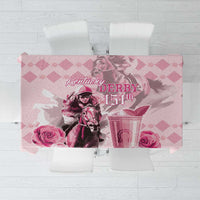 Pink tablecloth with Kentucky Derby 151st print, horse rider, roses and diamond pattern