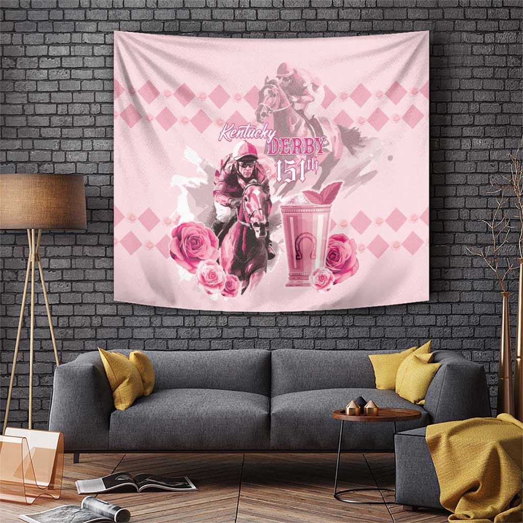 Pink hanging tapestry with Kentucky Derby 151st design, horse rider and roses