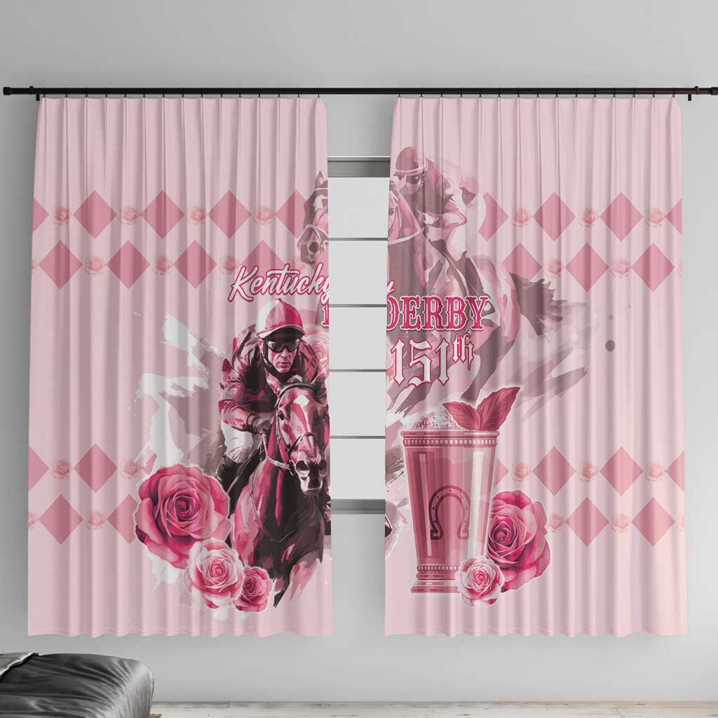 Pink printed window curtain panels with horse-racing roses and diamond pattern