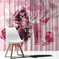 Pink horse-racing curtain panel close-up with Kentucky Derby 151 graphic
