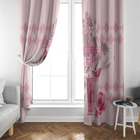 Pink window curtain panels with horse-racing rose print and diamond motif