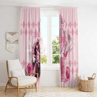 Pink horse-racing window curtain panels with roses and repeating diamond pattern